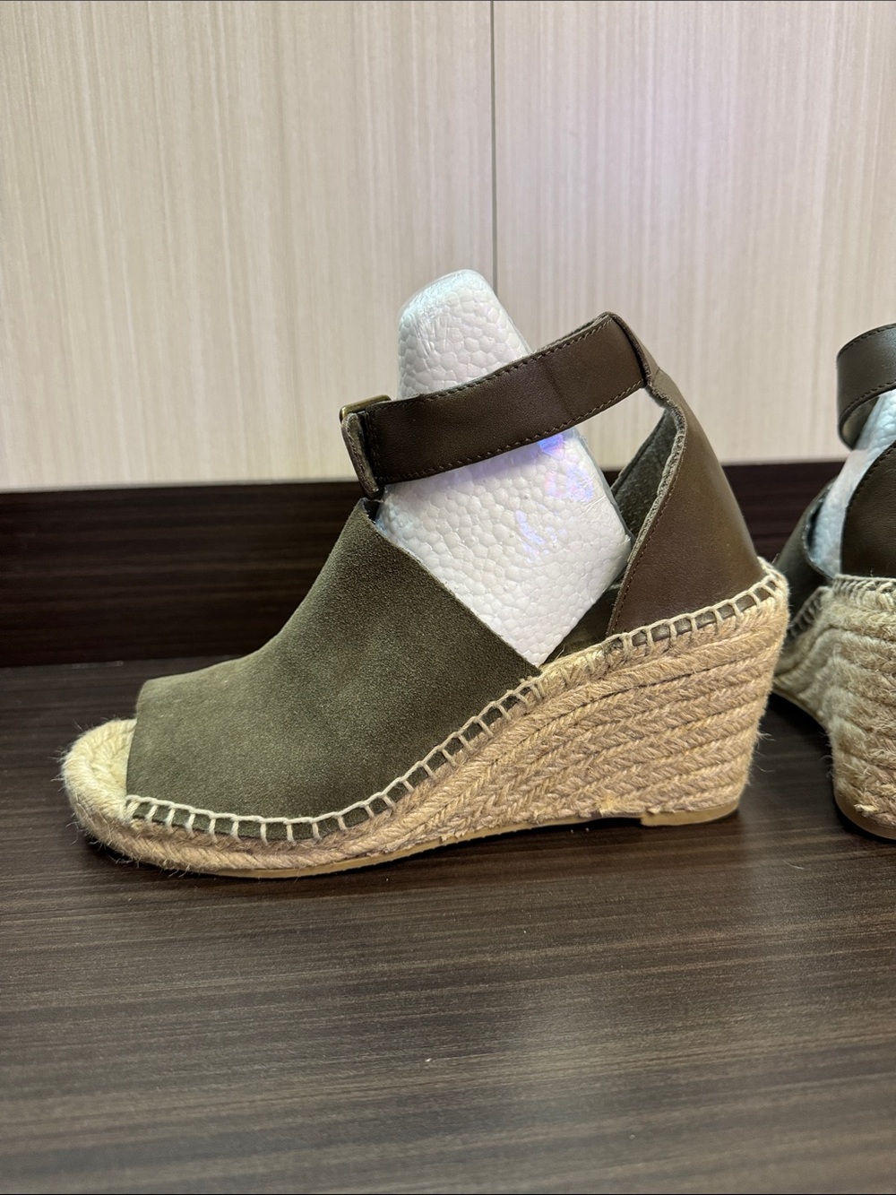 GAP Olive Green Suede Espadrille Wedge Sandals with Brown Ankle Strap - Picture 5 of 7